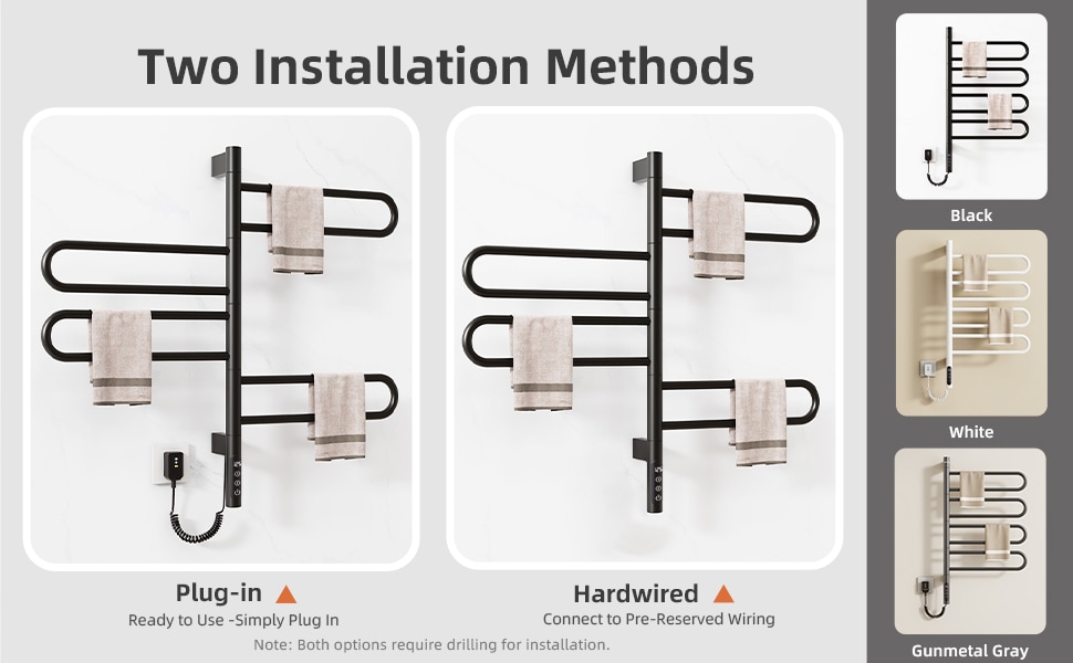 SIOYIE Electric Towel Warmer 180° Rotating Heated Towel Rack With 1-9H Timer 115℉-155℉,90W Wall-Mounted 5 Bars Electric Towel Rail, Concealed Installation,Towel Warmer For Bathroom Black_voghion.com